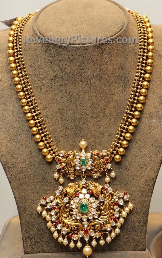 antique gold long chain with beads work