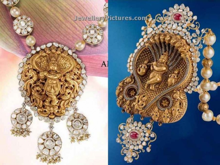 Temple Pendant Gold Designs with Diamonds and Pearls - Jewellery Designs